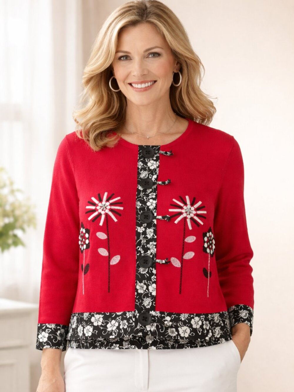 Bobbie C Red Colorful Embelisshed Cotton Womens Cardigan Size Small